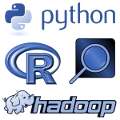 blue icon with hadoop logo, python logo